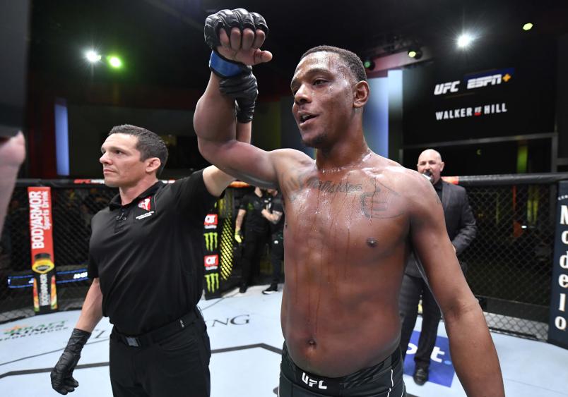 Jamahal Hill reacts after his knockout victory over Johnny Walker in their light heavyweight fight during the UFC Fight Night event