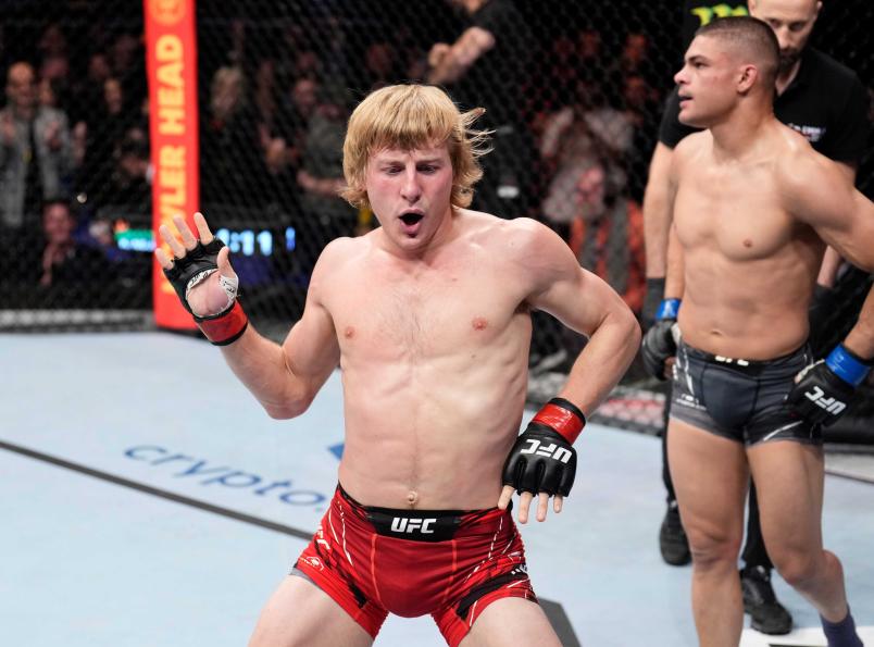 Paddy Pimblett of England celebrates his submission victory over Kazula Vargas of Mexico in a lightweight fight during the UFC Fight Night event