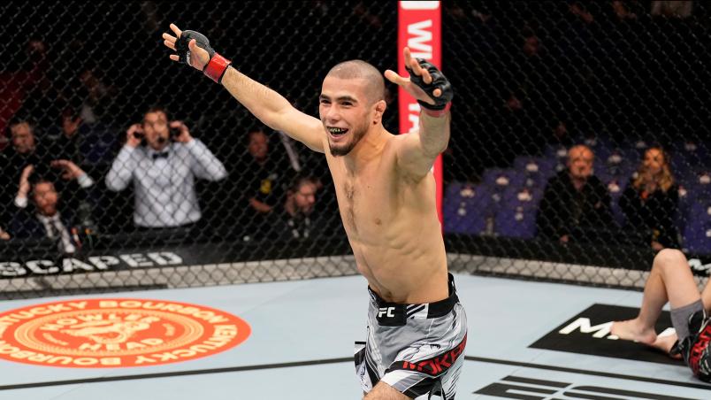 Muhammad Mokaev of England celebrates his victory over Cody Durden in a flyweight fight during the UFC Fight Night event at O2 Arena on March 19, 2022 in London, England. (Photo by Chris Unger/Zuffa LLC)