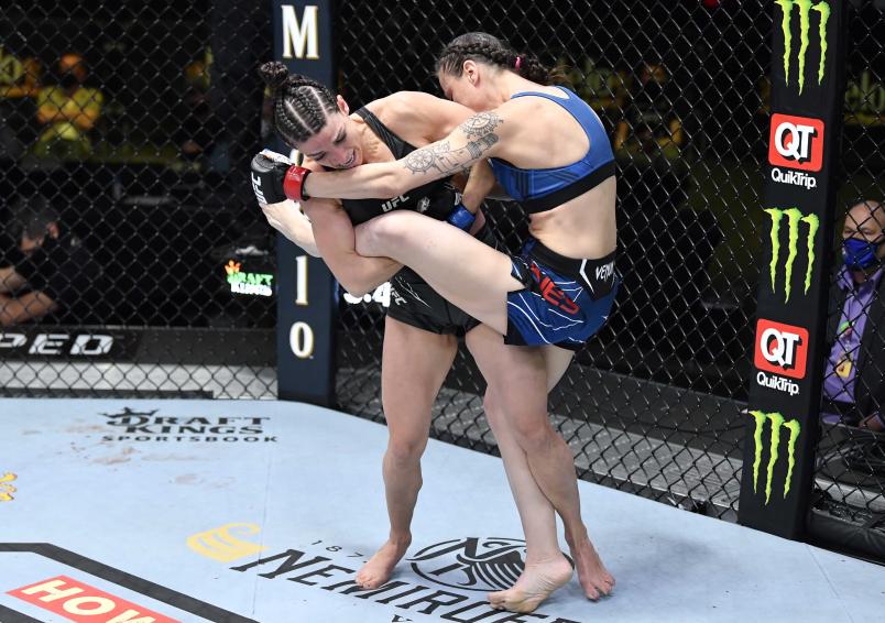 Mackenzie Dern takes down Nina Nunes in a strawweight fight during the UFC Fight Night event 