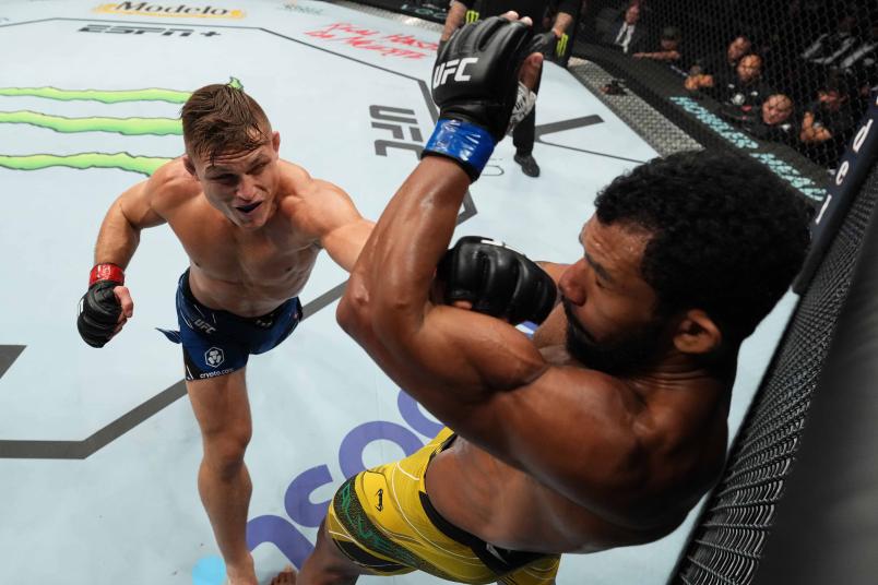 Drew Dober punches Rafael Alves of Brazil in a lightweight fight during the UFC 277 event