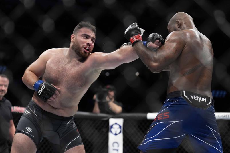 Hamdy Abdelwahab of Egypt punches Don'Tale Mayes in a heavyweight fight during the UFC 277 event