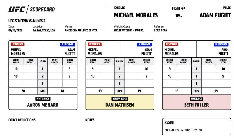 Michael Morales defeats Adam Fugitt via TKO (strikes) at 1:09 of the third round