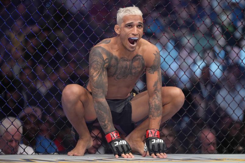 Charles Oliveira of Brazil prepares to fight Justin Gaethje in the UFC lightweight championship fight during the UFC 274 event