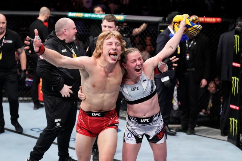 Paddy Pimblett of England and Molly McCann of England celebrate his submission victory over Kazula Vargas of Mexico in a lightweight fight during the UFC Fight Night event at O2 Arena on March 19, 2022 in London, England. (Photo by Chris Unger/Zuffa LLC)