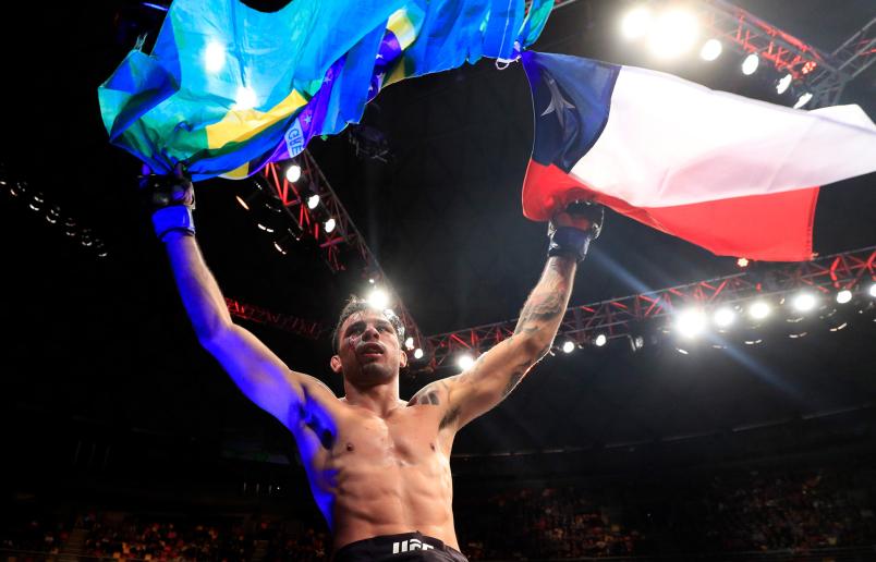 Alexandre Pantoja of Brazil reacts after the conclusion of his flyweight bout against Brandon Moreno of Mexico during the UFC Fight Night event at Movistar Arena on May 19, 2018 in Santiago, Chile. (Photo by Buda Mendes/Zuffa LLC)