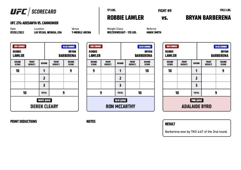 Bryan Barberena defeats Robbie Lawler via TKO (strikes) at 4:47 of round two