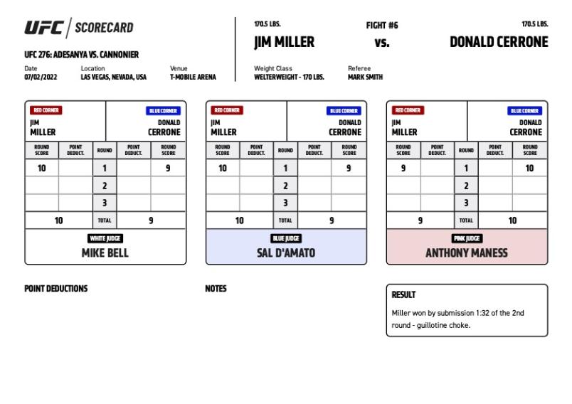 Jim Miller defeats Donald Cerrone via submission (guillotine) at 1:32 of the second round