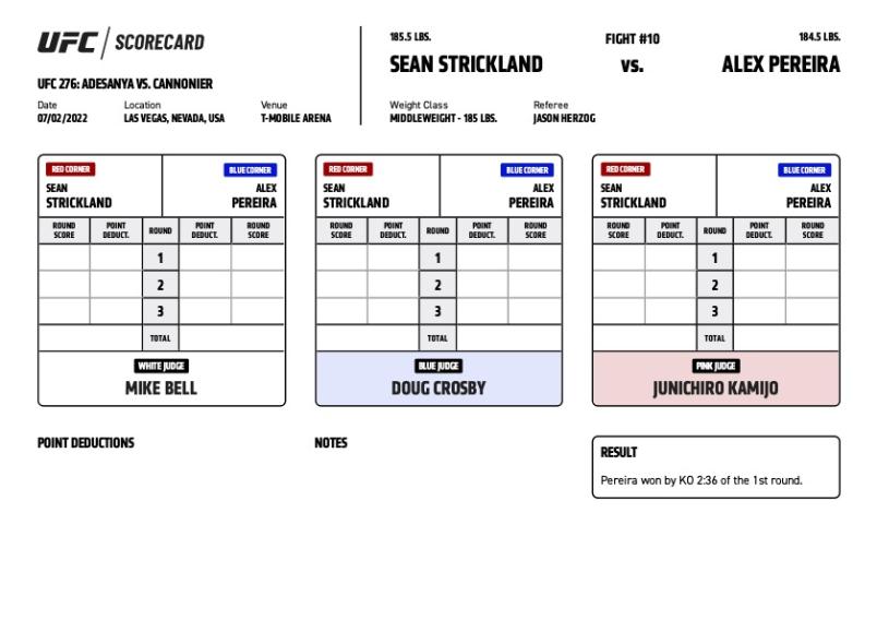 Alex Pereira defeats Sean Strickland via KO at 2:36 of round one