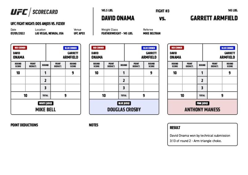 David Onama defeats Garrett Armfield via submission (arm triangle) at 3:13 of the third round