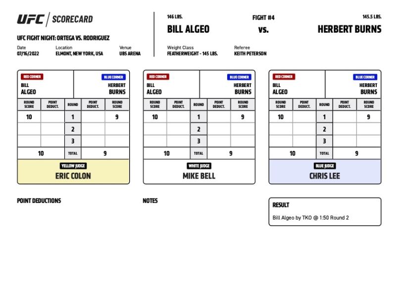 Bill Algeo defeats Herbert Burns by TKO (retirement) at 1:50 of Round 2