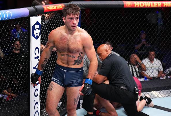 Billy Goff reacts after his TKO victory over Shimon Smotritsky of Israel in a welterweight fight during Dana White's Contender Series season six, week two at UFC APEX on August 02, 2022 in Las Vegas, Nevada. (Photo by Chris Unger/Zuffa LLC)