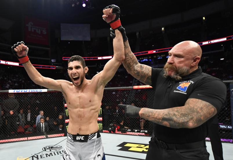 Fares Ziam of France reacts after his decision victory over Luigi Vendramini of Brazil in their lightweight fight during the UFC 263 event at Gila River Arena