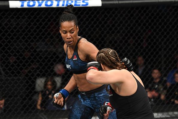 Zarah Fairn punches Felicia Spencer in their women's featherweight bout during the UFC Fight Night event at Chartway Arena on February 29, 2020 in Norfolk, Virginia. (Photo by Josh Hedges/Zuffa LLC)