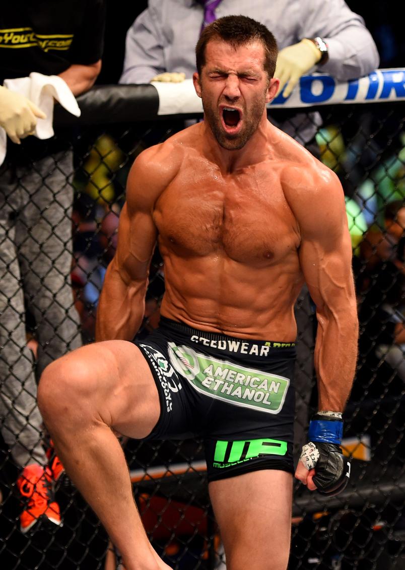 Luke Rockhold celebrates defeating Lyoto Machida of Brazil by tap out in their middleweight bout during the UFC Fight Night event at Prudential Center on April 18, 2015 in Newark, New Jersey. (Photo by Josh Hedges/Zuffa LLC)