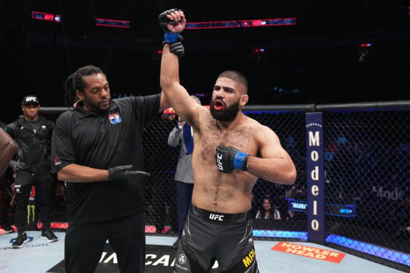 Jacob Malkoun of Australia reacts after defeating AJ Dobson in their middleweight fight during the UFC 271 event at Toyota Center on February 12, 2022 in Houston, Texas. (Photo by Josh Hedges/Zuffa LLC)