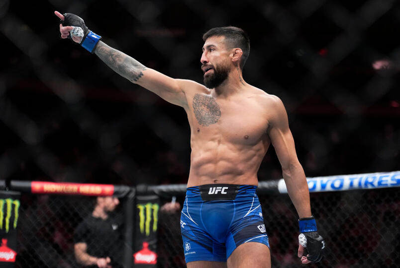 Chris Gutierrez reacts after his knockout victory over Frankie Edgar in a bantamweight bout during the UFC 281 event at Madison Square Garden on November 12, 2022 in New York City. (Photo by Chris Unger/Zuffa LLC)