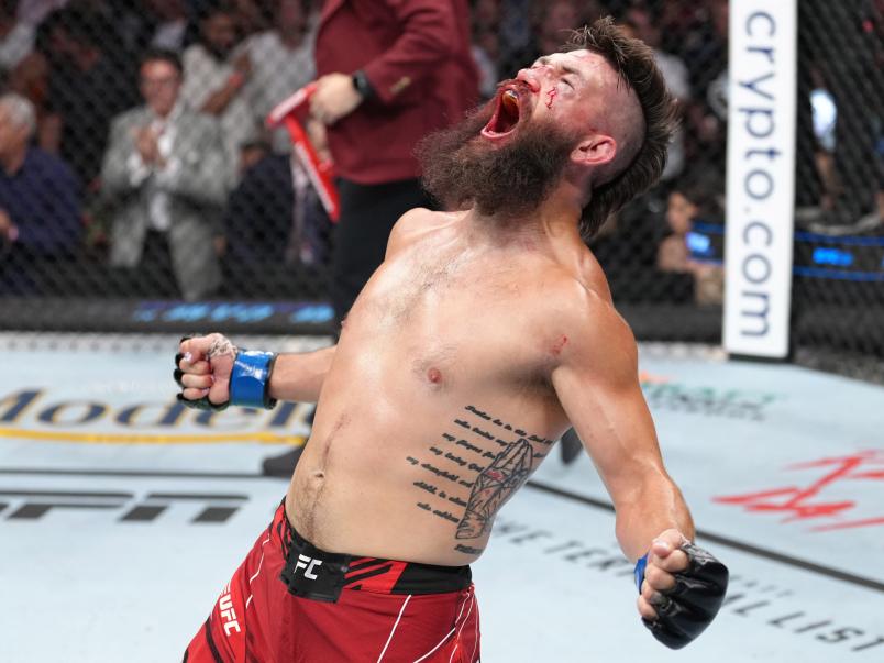 Bryan Barberena reacts to his win over Robbie Lawler in a welterweight fight during the UFC 276 event