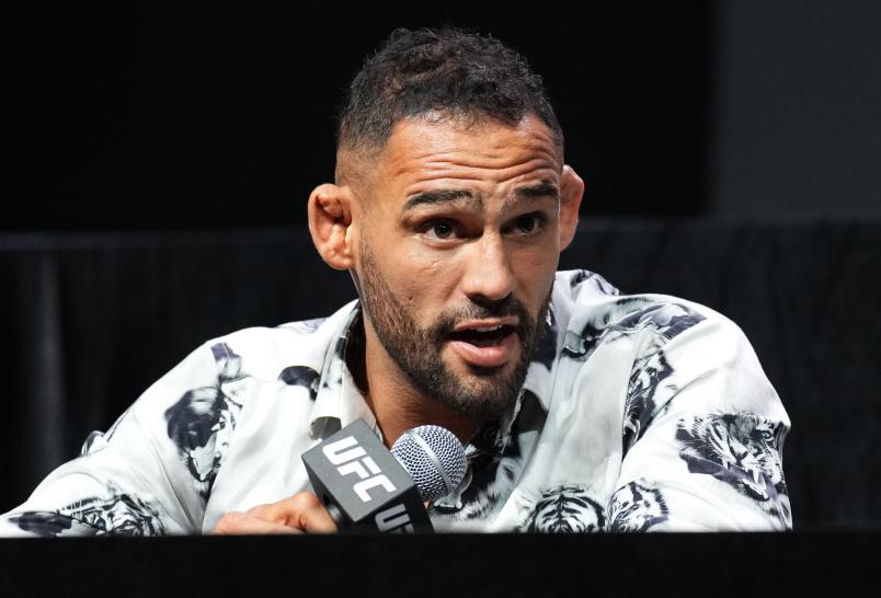 Santiago Ponzinibbio of Argentina is seen on stage during the UFC 282 press conference at MGM Grand Garden Arena