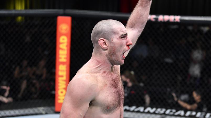 Sean Strickland reacts after the conclusion of his middleweight fight against Jack Hermansson of Sweden during the UFC Fight Night event at UFC APEX on February 05, 2022 in Las Vegas, Nevada. (Photo by Chris Unger/Zuffa LLC)