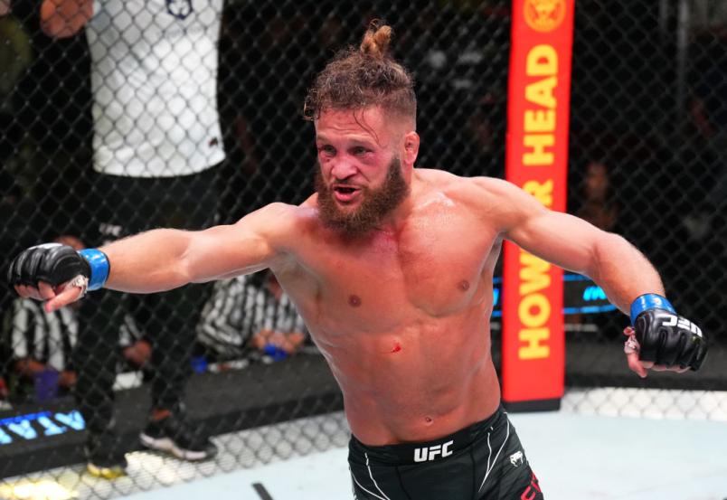 Rafael Fiziev of Kazakstan celebrates after his knockout victory over Rafael Dos Anjos of Brazil in their lightweight fight during the UFC Fight Night event at UFC APEX on July 09, 2022 in Las Vegas, Nevada. (Photo by Chris Unger/Zuffa LLC)