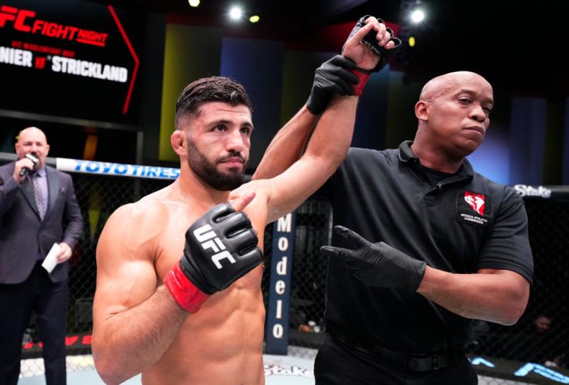 Arman Tsarukyan of Georgia reacts after his victory over Damir Ismagulov of Russia in a lightweight fight during the UFC Fight Night event at UFC APEX on December 17, 2022 in Las Vegas, Nevada. (Photo by Chris Unger/Zuffa LLC)