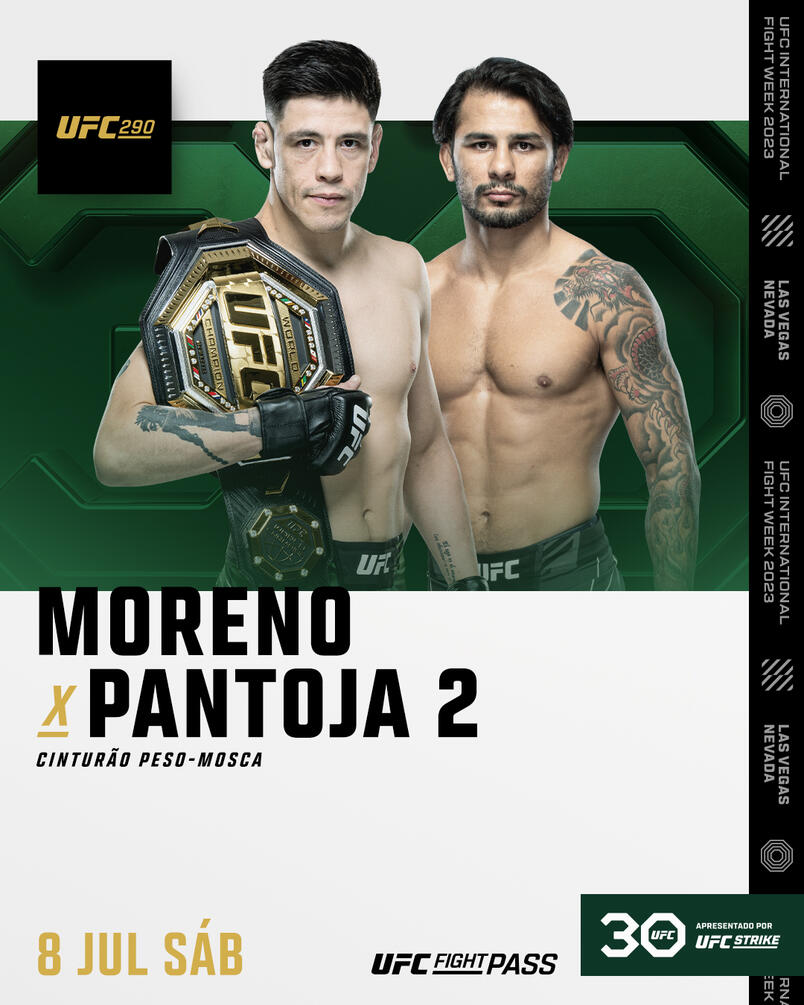 Arte anunciando a luta entre Brandon Moreno e Alexandre Pantoja no UFC 290. (Divulgação)