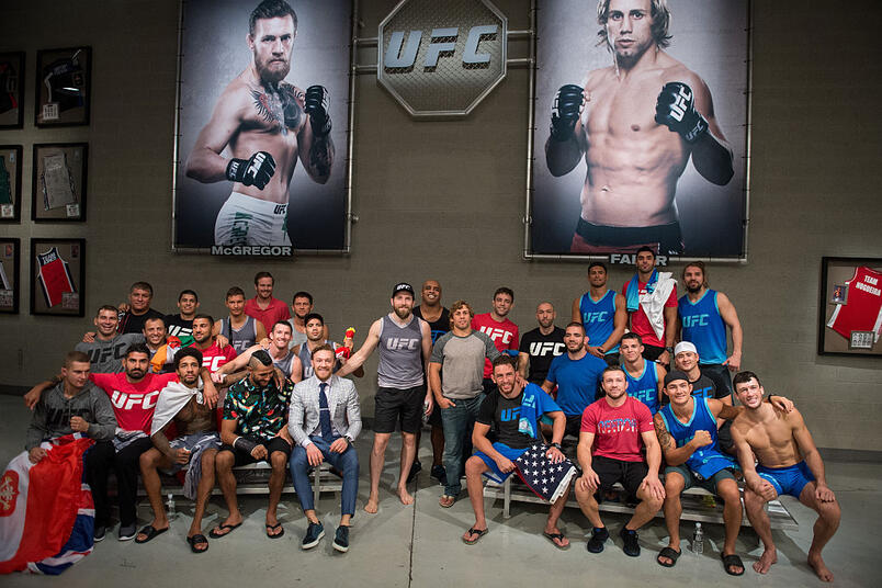 Team McGregor and Team Faber pose for a team picture during the filming of The Ultimate Fighter: Team McGregor vs Team Faber at the UFC TUF Gym on August 26, 2015 in Las Vegas, Nevada. (Photo by Brandon Magnus/Zuffa LLC)