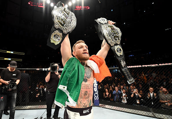 Conor McGregor of Ireland celebrates his KO victory over Eddie Alvarez of the United States in their lightweight championship bout during the UFC 205 event at Madison Square Garden on November 12, 2016 in New York City. (Photo by Jeff Bottari/Zuffa LLC)