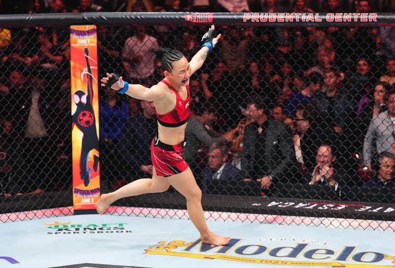 Yan Xiaonan of China reacts after her knockout victory over Jessica Andrade of Brazil in a strawweight fight during the UFC 288 event at Prudential Center on May 06, 2023 in Newark, New Jersey. (Photo by Chris Unger/Zuffa LLC)