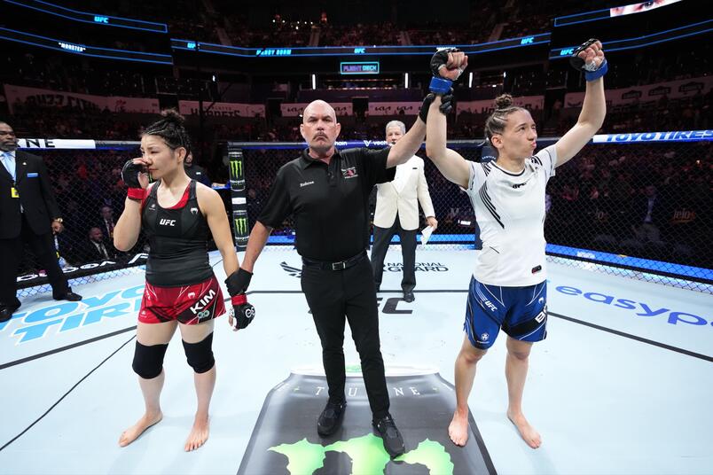 Mandy Bohm of Germany reacts after her victory over Ji Yeon Kim of South Korea in their women's flyweight fight during the UFC Fight Night event at Spectrum Center on May 13, 2023 in Charlotte, North Carolina. (Photo by Jeff Bottari/Zuffa LLC via Getty Images)