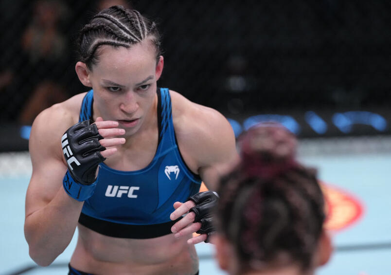 Jinh Yu Frey battles Vanessa Demopoulos in a strawweight fight during the UFC Fight Night event at UFC APEX on June 25, 2022 in Las Vegas, Nevada. (Photo by Jeff Bottari/Zuffa LLC)