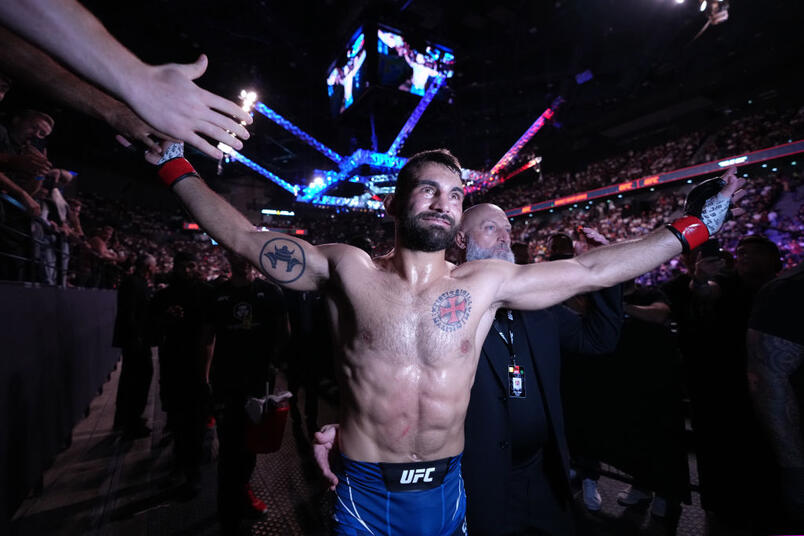 Benoit Saint Denis of France celebrates his TKO victory over Gabriel Miranda of Brazil in a lightweight fight during the UFC Fight Night event at The Accor Arena on September 03, 2022 in Paris, France. (Photo by Jeff Bottari/Zuffa LLC)