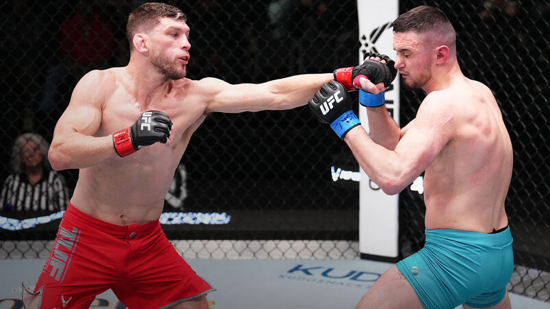 TUF 31 lightweights Kurt Holobaugh and Lee Hammond during their fight during the filming of The Ultimate Fighter at UFC Apex on March 2, 2023 in Las Vegas, Nevada. (Photo by Chris Unger/Zuffa LLC)