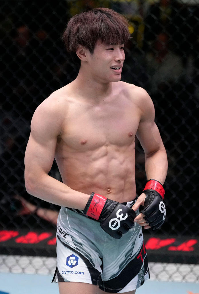 atsuro Taira of Japan celebrates after his victory over Jesus Aguilar of Mexico in a flyweight fight during the UFC Fight Night event at UFC APEX on February 04, 2023 in Las Vegas, Nevada. (Photo by Jeff Bottari/Zuffa LLC)
