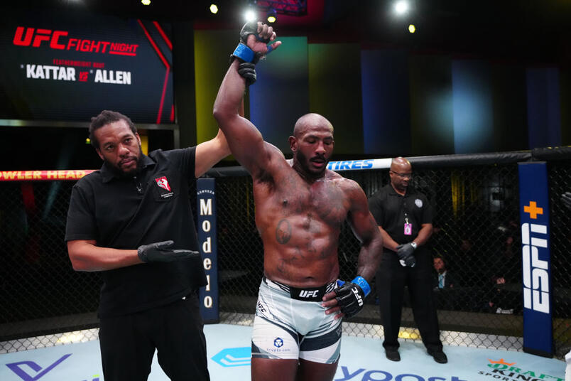 Khalil Rountree Jr. reacts after his victory over Dustin Jacoby in a light heavyweight fight during the UFC Fight Night event at UFC APEX on October 29, 2022 in Las Vegas, Nevada. (Photo by Jeff Bottari/Zuffa LLC)