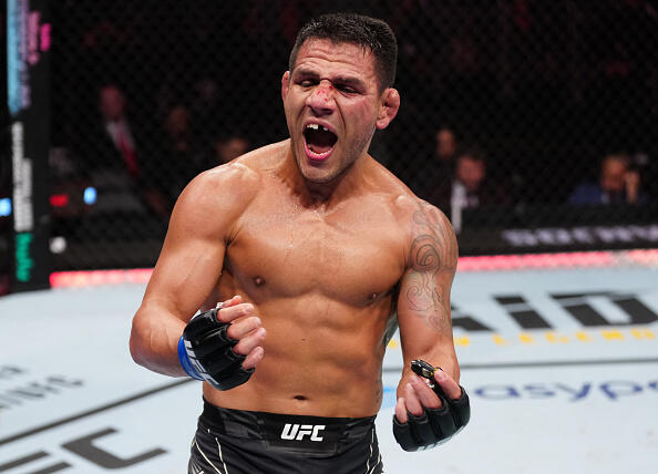 Rafael Dos Anjos of Brazil reacts after his submission victory over Bryan Barberena in a welterweight fight during the UFC Fight Night event at Amway Center on December 03, 2022 in Orlando, Florida. (Photo by Jeff Bottari/Zuffa LLC)