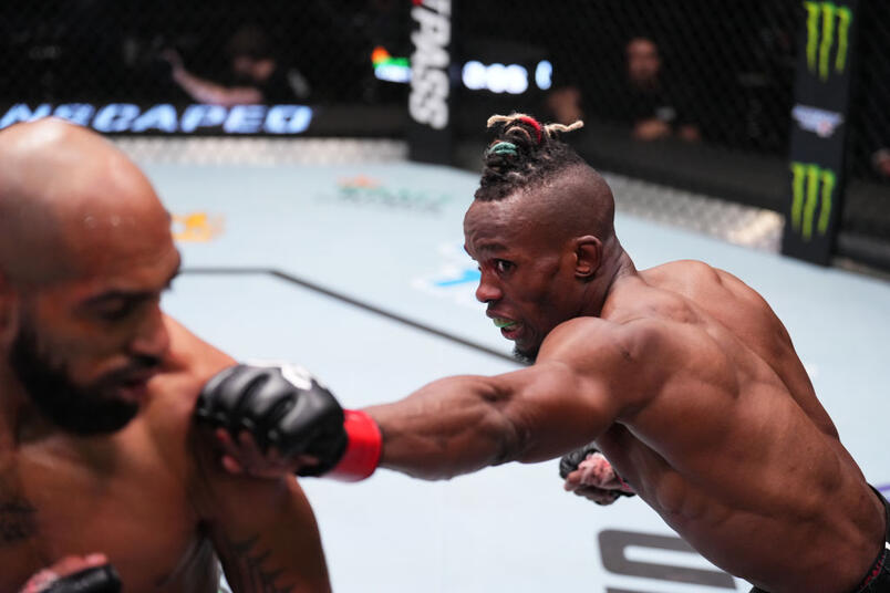 Ode' Osbourne of Jamaica punches Charles Johnson in a catchweight fight during the UFC Fight Night event at UFC APEX on February 25, 2023 in Las Vegas, Nevada. (Photo by Chris Unger/Zuffa LLC)