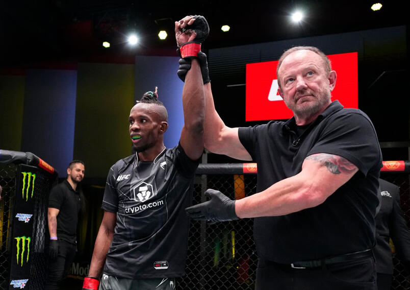 Ode Osbourne of Jamaica reacts after his victory over Charles Johnson in a catchweight fight during the UFC Fight Night event at UFC APEX on February 25, 2023 in Las Vegas, Nevada. (Photo by Chris Unger/Zuffa LLC)
