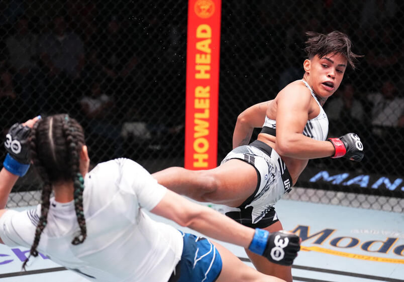 Iasmin Lucindo of Brazil kicks Brogan Walker in a flyweight fight during the UFC Fight Night event at UFC APEX on April 22, 2023 in Las Vegas, Nevada. (Photo by Chris Unger/Zuffa LLC)