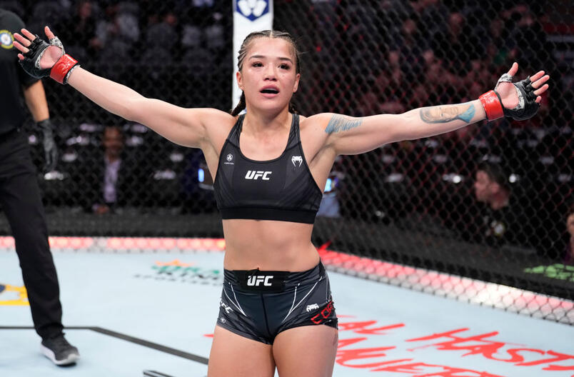 Tracy Cortez reacts after the conclusion of her flyweight fight against Melissa Gatto of Brazil during the UFC 274 event at Footprint Center on May 07, 2022 in Phoenix, Arizona. (Photo by Chris Unger/Zuffa LLC)