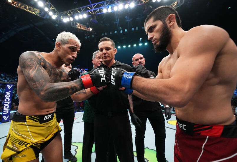 Opponents Charles Oliveira of Brazil and Islam Makhachev of Russia face off prior to their UFC lightweight championship fight during the UFC 280 event at Etihad Arena on October 22, 2022 in Abu Dhabi, United Arab Emirates. (Photo by Chris Unger/Zuffa LLC)