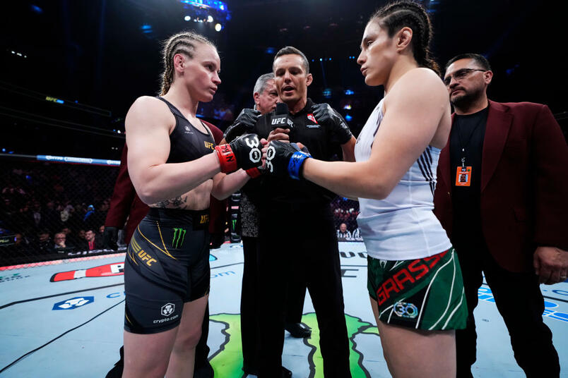 Valentina Shevchenko of Kyrgyzstan and Alexa Grasso of Mexico face off prior to the UFC flyweight championship fight during the UFC 285 event at T-Mobile Arena on March 04, 2023 in Las Vegas, Nevada. (Photo by Jeff Bottari/Zuffa LLC)