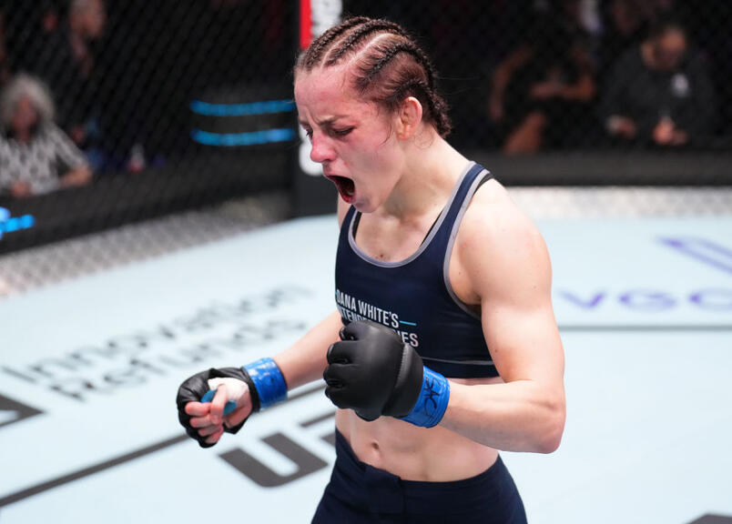 Josefine Knutsson of Sweden reacts after the conclusion of her strawweight fight against Isis Verbeek of The Netherlands during Dana White's Contender Series season seven, week three at UFC APEX on August 22, 2023 in Las Vegas, Nevada. (Photo by Chris Unger/Zuffa LLC)
