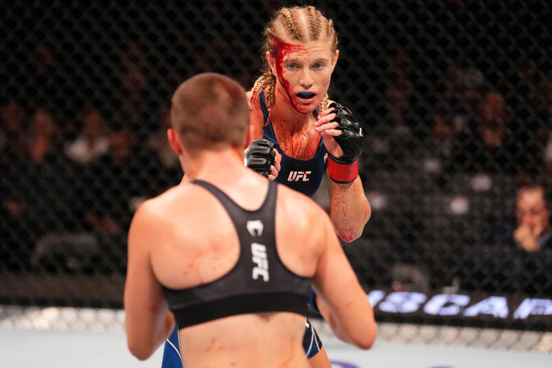 Manon Fiorot of France faces Rose Namajunas in a flyweight fight during the UFC Fight Night event at The Accor Arena on September 02, 2023 in Paris, France. (Photo by Josh Hedges/Zuffa LLC)