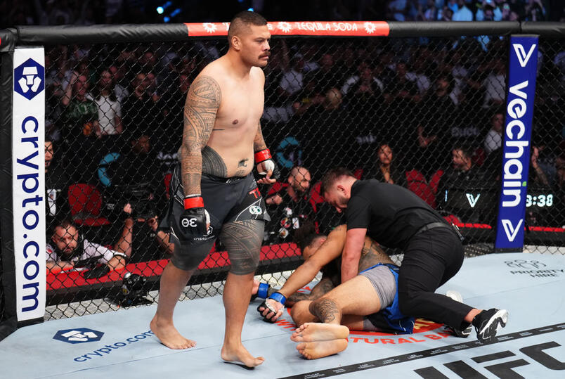Justin Tafa of New Zealand reacts after his knockout victory over Austen Lane in a heavyweight fight during the UFC 293 event at Qudos Bank Arena on September 10, 2023 in Sydney, Australia. (Photo by Chris Unger/Zuffa LLC)