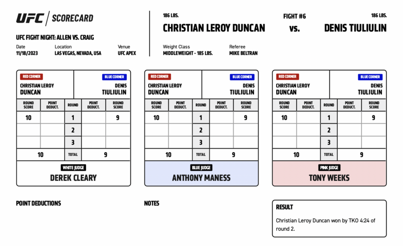 Official Result: Christian Leroy Duncan defeats Denis Tiuliulin by TKO (strikes) at 4:24 of Round 2