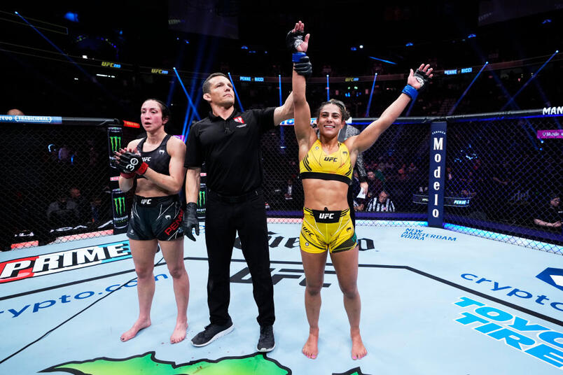 Tabatha Ricci of Brazil reacts to her win over Jessica Penne in a strawweight fight during the UFC 285 event at T-Mobile Arena on March 04, 2023 in Las Vegas, Nevada. (Photo by Jeff Bottari/Zuffa LLC)