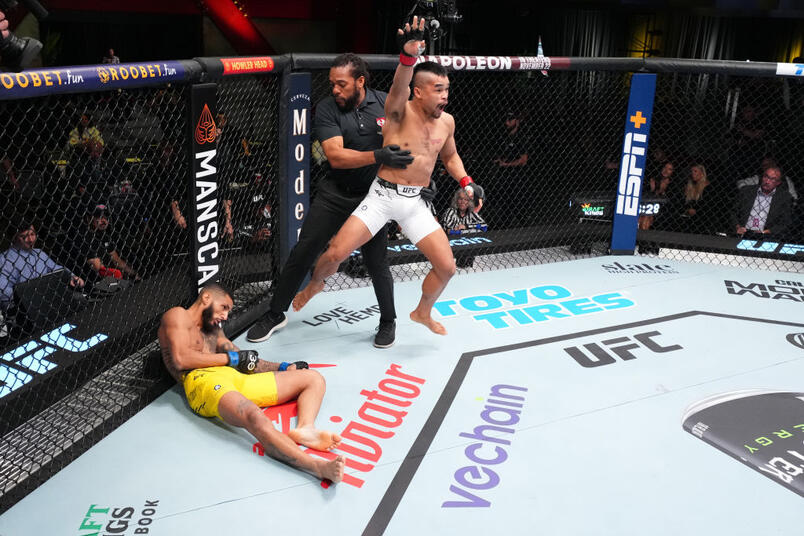 Jeka Saragih of Indonesia reacts after his knockout victory against Lucas Alexander of Brazil in a featherweight fight during the UFC Fight Night event at UFC APEX on November 18, 2023 in Las Vegas, Nevada. (Photo by Chris Unger/Zuffa LLC)