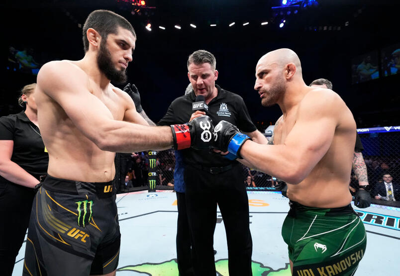 Islam Makhachev of Russia and Alexander Volkanovski of Australia face off prior to their UFC lightweight championship fight during the UFC 284 event at RAC Arena on February 12, 2023 in Perth, Australia. (Photo by Chris Unger/Zuffa LLC)